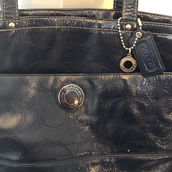 Coach Navy Patent Leather Logo Shoulder Bag - Picture 3 of 12